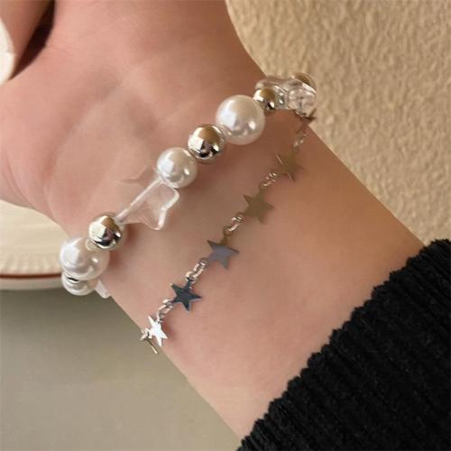 Pulseras de perlas plásticas, aleación de zinc, con Plástico & Perlas plásticas, chapado, para mujer, plateado, longitud:aproximado 18 cm, Vendido por UD