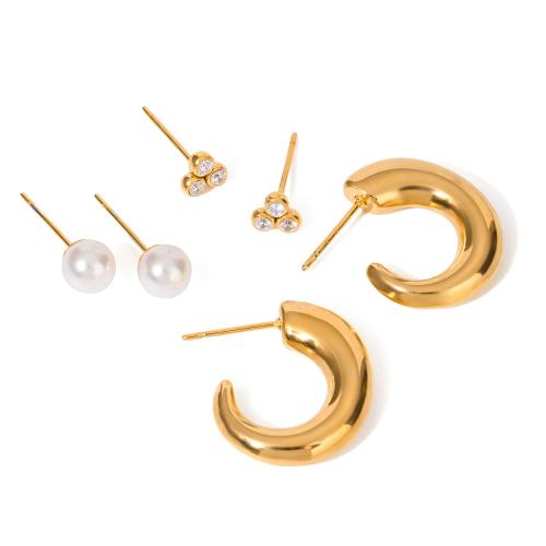 Stainless Steel Stud Earring, 304 Stainless Steel, with Plastic Pearl, plated, three pieces & micro pave cubic zirconia & for woman, gold 