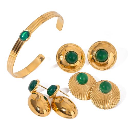 Achat Schmuck Sets, 304 Edelstahl, mit Grüner Achat, plattiert, verschiedene Stile für Wahl & für Frau, Goldfarbe, verkauft von PC[