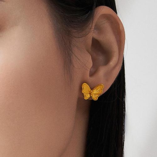 Brass Stud Earring, Butterfly, gold color plated & for woman 