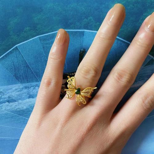 Brass Cuff Finger Ring, with Diopside, Butterfly, gold color plated, for woman & hollow US Ring .5 