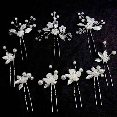 Hair Stick, Zinc Alloy, with brass wire & Plastic Pearl, nine pieces & for bridal 