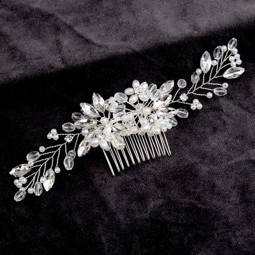 Decorative Hair Combs, Zinc Alloy, with brass wire & Crystal & Plastic Pearl, for bridal & with rhinestone 