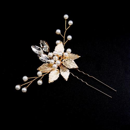 Hair Stick, Zinc Alloy, with Plastic Pearl, for bridal & with rhinestone, golden 