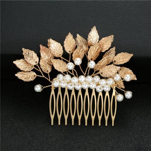 Decorative Hair Combs, Zinc Alloy, with brass wire & Plastic Pearl, for bridal, golden 