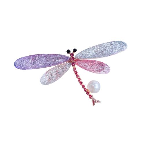 Rhinestone Zinc Alloy Brooch, with Plastic Pearl, Dragonfly, for woman & with rhinestone, multi-colored 