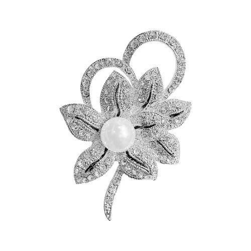 Rhinestone Zinc Alloy Brooch, with Plastic Pearl, Flower, for woman & with rhinestone, silver color 