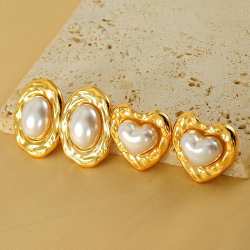 Stainless Steel Stud Earring, 304 Stainless Steel, with Plastic Pearl, 18K gold plated, fashion jewelry & for woman, golden 