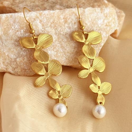 Stainless Steel Drop Earring, 304 Stainless Steel, with Plastic Pearl, Flower, fashion jewelry & for woman, golden 