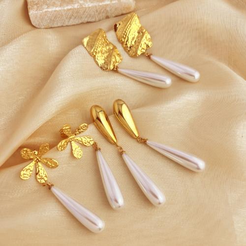 Stainless Steel Drop Earring, 304 Stainless Steel, with Plastic Pearl, 18K gold plated, fashion jewelry & for woman, golden 