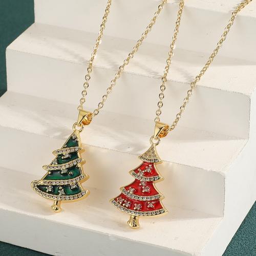 Christmas Jewelry Necklace, Brass, Christmas Tree, gold color plated & micro pave cubic zirconia & for woman & enamel 