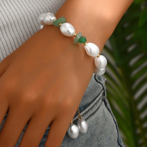 Gemstone Bracelets, Zinc Alloy, with Gemstone & Plastic Pearl, gold color plated, fashion jewelry, mixed colors 