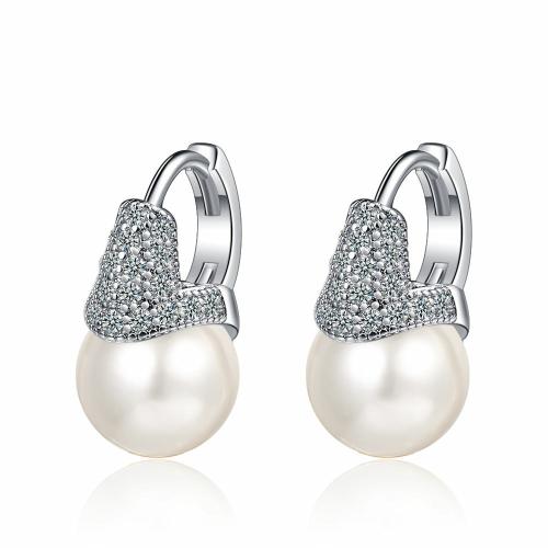 Cubic Zirconia Micro Pave Brass Earring, with Plastic Pearl, plated, micro pave cubic zirconia & for woman 