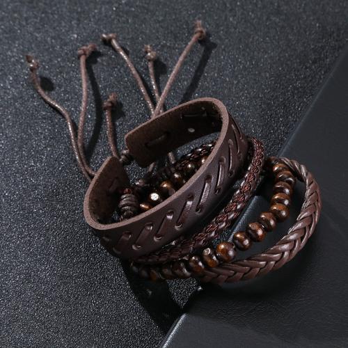 PU Leather Cord Bracelets, with Wood, 4 pieces & punk style & for man, brown [