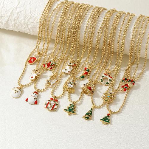 Christmas Jewelry Necklace, Brass, with 5cm extender chain, gold color plated & Christmas Design & micro pave cubic zirconia & enamel Approx 40 cm 