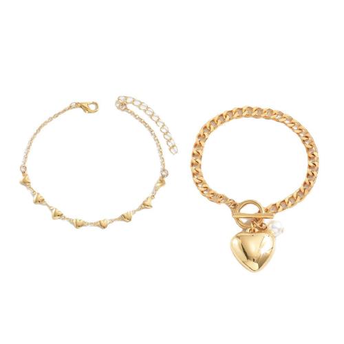 Fashion Zinc Alloy Bracelets, with Plastic Pearl, gold color plated, 2 pieces & fashion jewelry, golden 