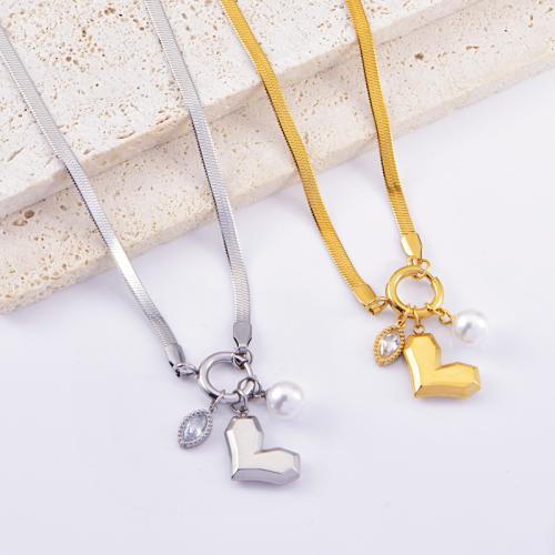 Cubic Zirconia Stainless Steel Necklace, 304 Stainless Steel, with Plastic Pearl, Heart, plated, micro pave cubic zirconia & for woman 