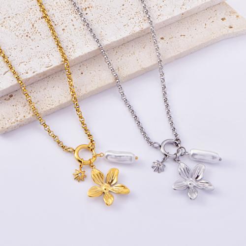 Stainless Steel Jewelry Necklace, 304 Stainless Steel, with Plastic Pearl, petals, plated, for woman 