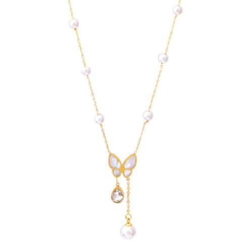 Titanium Steel Jewelry Necklace, with Shell & Plastic Pearl, with 5CM extender chain, Butterfly, plated, micro pave cubic zirconia & for woman, gold Approx 41 cm 