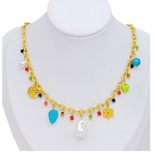 Titanium Steel Jewelry Necklace, with Synthetic Turquoise & Plastic Pearl, plated, micro pave cubic zirconia & for woman, gold 