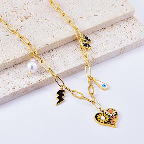 Stainless Steel Jewelry Necklace, 304 Stainless Steel, with Plastic Pearl, Heart, plated, for woman & epoxy gel, gold 