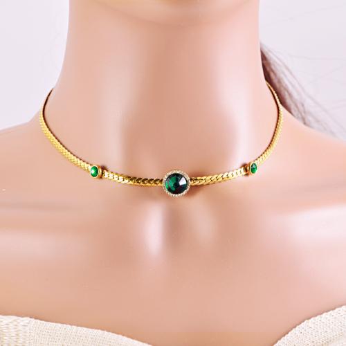 Titanium Steel Jewelry Necklace, with Synthetic Turquoise, plated & micro pave cubic zirconia & for woman, gold 