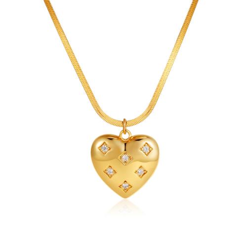 Cubic Zirconia Stainless Steel Necklace, 304 Stainless Steel, Heart, plated, micro pave cubic zirconia & for woman, golden 