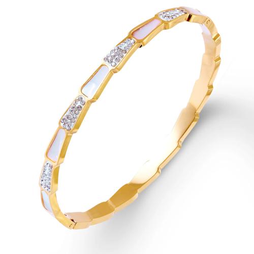 Titanium Steel Bracelet & Bangle, with White Shell, plated, micro pave cubic zirconia & for woman, golden 