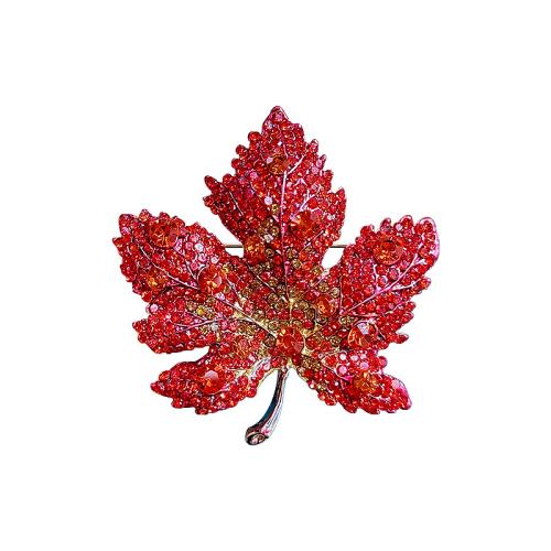 Rhinestone Zinc Alloy Brooch, Ginkgo Leaf, for woman & with rhinestone, red 