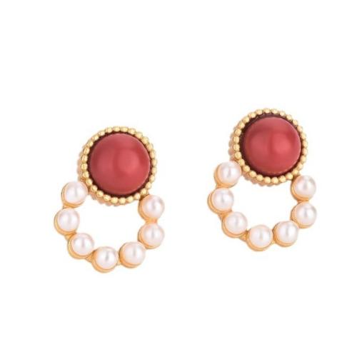 Brass Stud Earring, with Synthetic Agate & Plastic Pearl, fashion jewelry & for woman, 12mm 