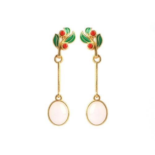 Brass Drop Earring, with Synthetic Jade & Synthetic Agate, fashion jewelry & for woman & enamel, 44mm 