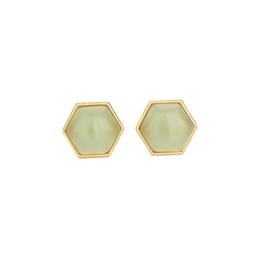 Brass Stud Earring, with Synthetic Jade, fashion jewelry & for woman 12mm 