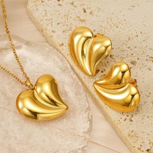 Fashion Stainless Steel Jewelry Sets, 304 Stainless Steel, Stud Earring & necklace, Heart, 18K gold plated, 2 pieces & fashion jewelry & for woman, golden Approx 45 cm 