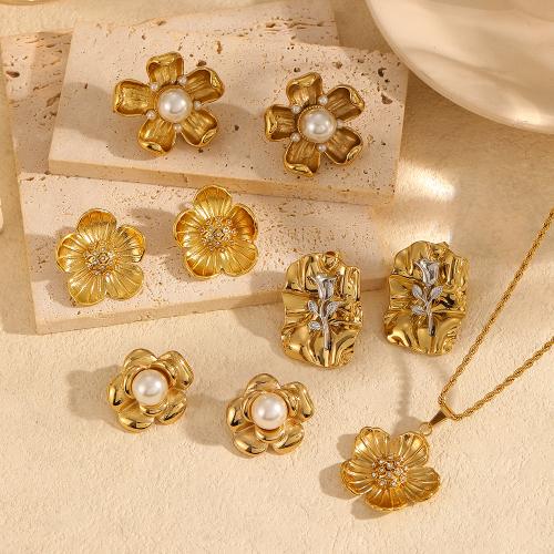 Cubic Zirconia Stainless Steel Jewelry Sets, 304 Stainless Steel, Stud Earring & necklace, with Plastic Pearl, Flower, gold color plated & micro pave cubic zirconia & for woman 