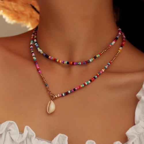 Glass Seed Beads Necklace, Seedbead, with Shell & Zinc Alloy, fashion jewelry, mixed colors 