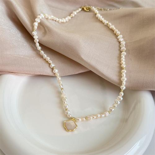 Freshwater Pearl Brass Necklace, with Shell & Brass, with 5cm extender chain, gold color plated, fashion jewelry, white cm 