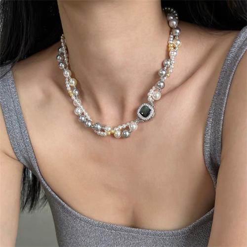 Glass Pearl Necklace, with Pearl Oyster & Brass, fashion jewelry & micro pave cubic zirconia cm 