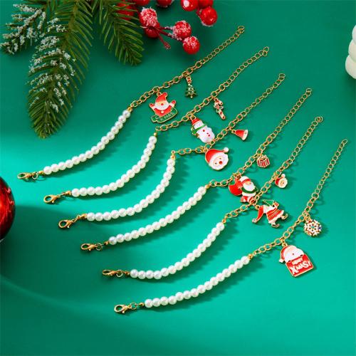 Zinc Alloy Christmas Bracelet, with Plastic Pearl, plated, Christmas Design & for woman & enamel, golden [