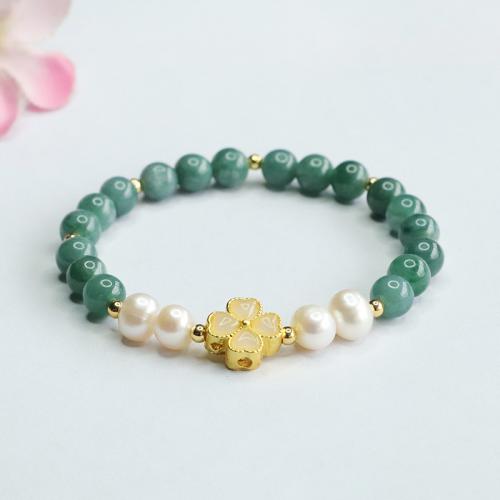 Jadeite Bracelet, with Freshwater Pearl & Zinc Alloy, Flower, handmade, folk style & for woman, beads length 6mm Approx 6-8 Inch 