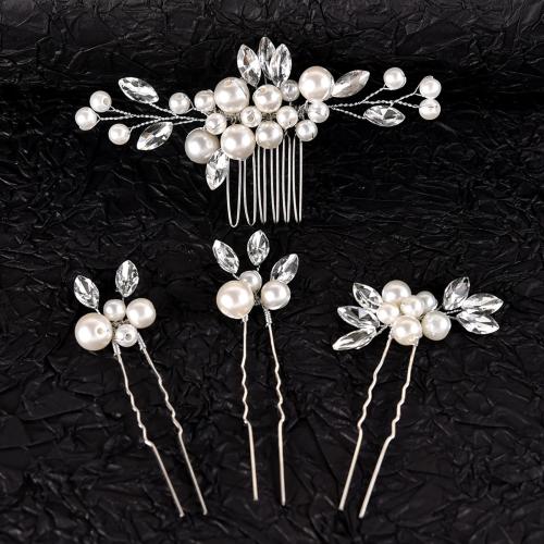 laiton Ensemble de bijoux de cheveux, peigne à cheveux & épingle à cheveux, avec perle de plastique, 4 pièces & pour femme & avec strass, argent, Vendu par fixé