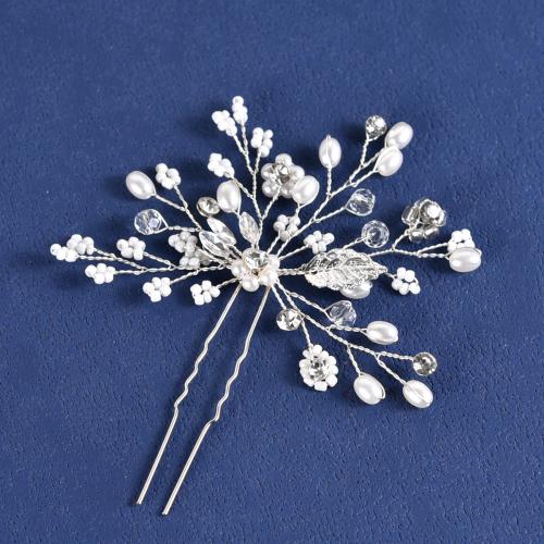 Hair Stick, Zinc Alloy, with brass wire & Plastic Pearl, fashion jewelry & for woman & with rhinestone 