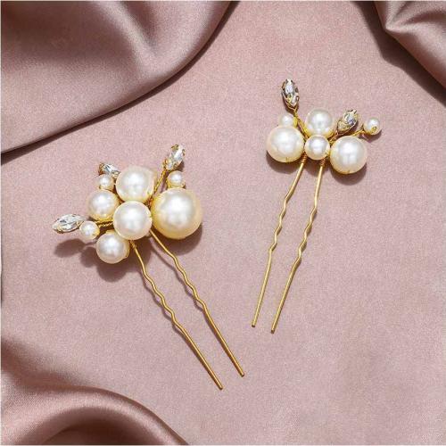 Hair Stick, Plastic Pearl, with brass wire, 2 pieces & for woman & with rhinestone 