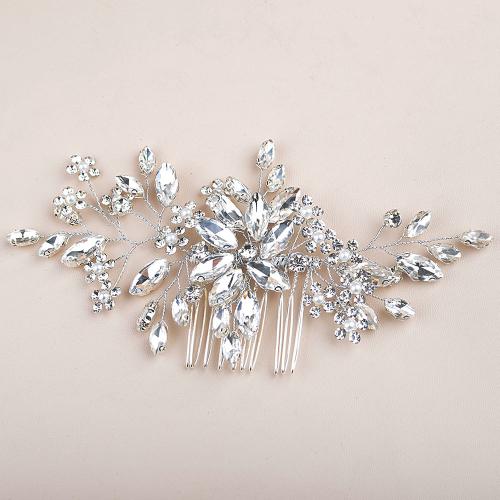 Decorative Hair Combs, Rhinestone, with brass wire, fashion jewelry & for woman, silver color 