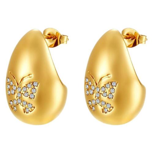 Stainless Steel Cubic Zirconia Stud Earring, 304 Stainless Steel, Teardrop, Vacuum Ion Plating, fashion jewelry & micro pave cubic zirconia & for woman 