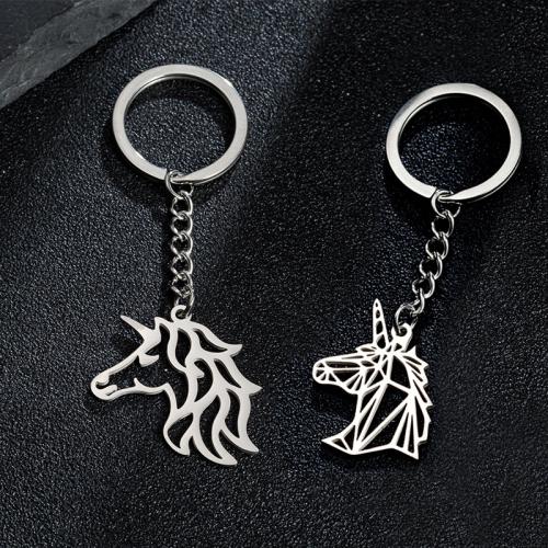 Stainless Steel Key Chain, 304 Stainless Steel, Unicorn, silver color plated, fashion jewelry 