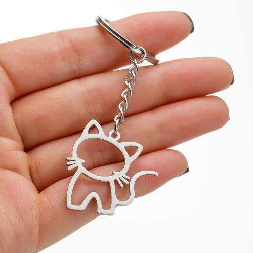 Stainless Steel Key Chain, 304 Stainless Steel, Cat, silver color plated, fashion jewelry 