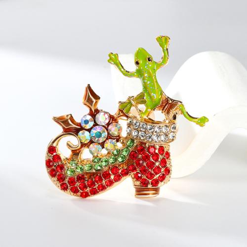 Rhinestone Zinc Alloy Brooch, Frog, gold color plated, for woman & enamel & with rhinestone, mixed colors 