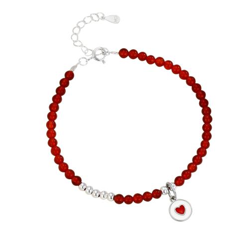 Sterling Silver Bracelets, 925 Sterling Silver, with Red Agate, with 3CM extender chain, Heart, for woman & enamel, silver color Approx 16 cm 