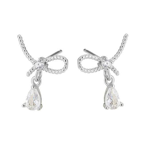 Silver Earring Zircon pavent Sterling, argent sterling 925, Noeud papillon, pavé de micro zircon & pour femme, argent, 14mm, Vendu par paire