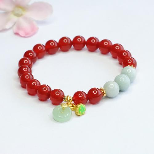 Red Agate Bracelet, with Jadeite & Brass, folk style & for woman, beads length 8mm Approx 6-8 Inch 